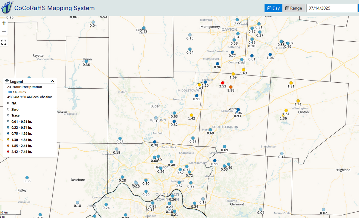 July 14 rain reports map